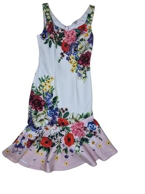 VENUS White Floral Sheath Dress with Pink Hem Ruffle